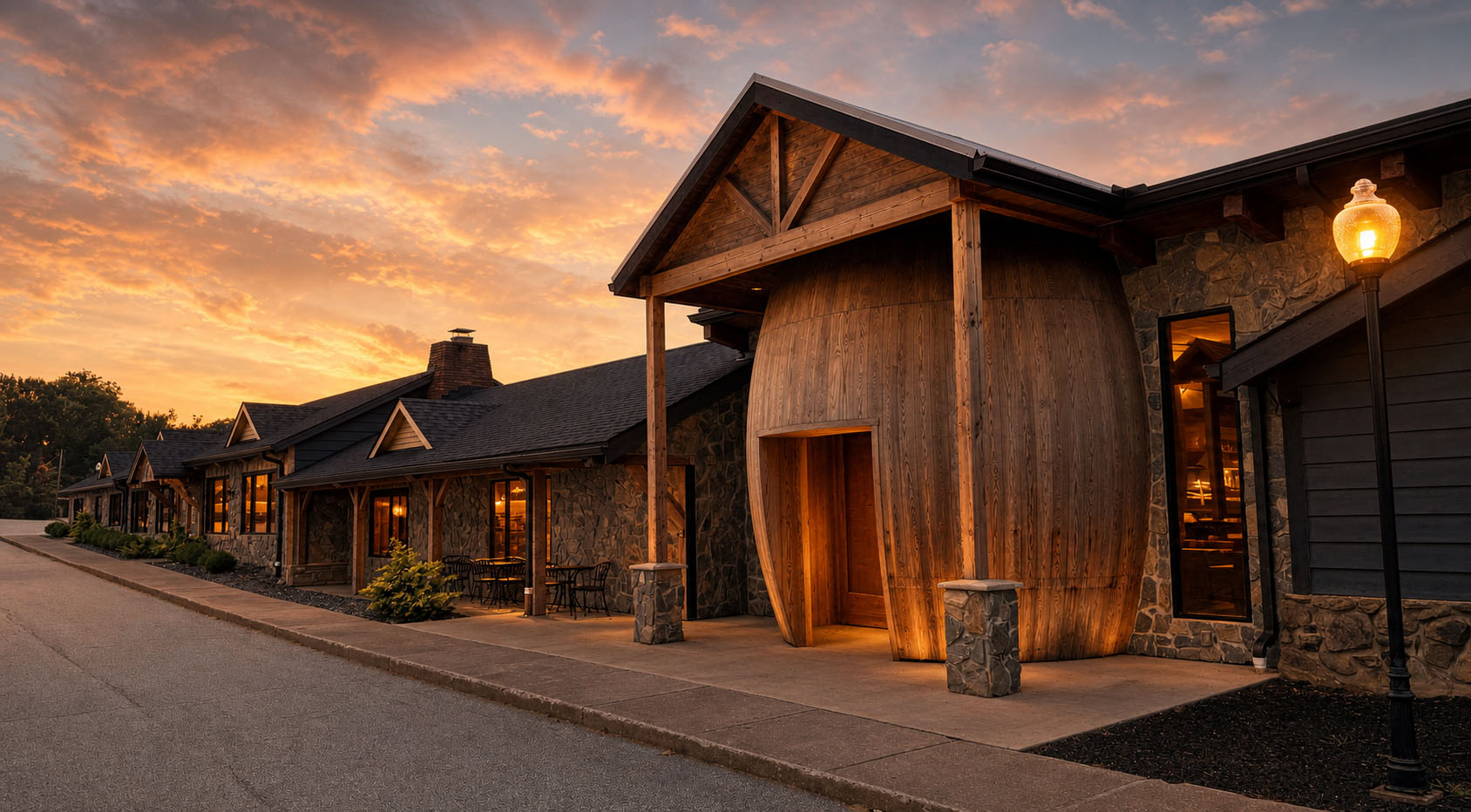 The Social House at Mapleside Farms at sunset, with its signature wine barrel entrance