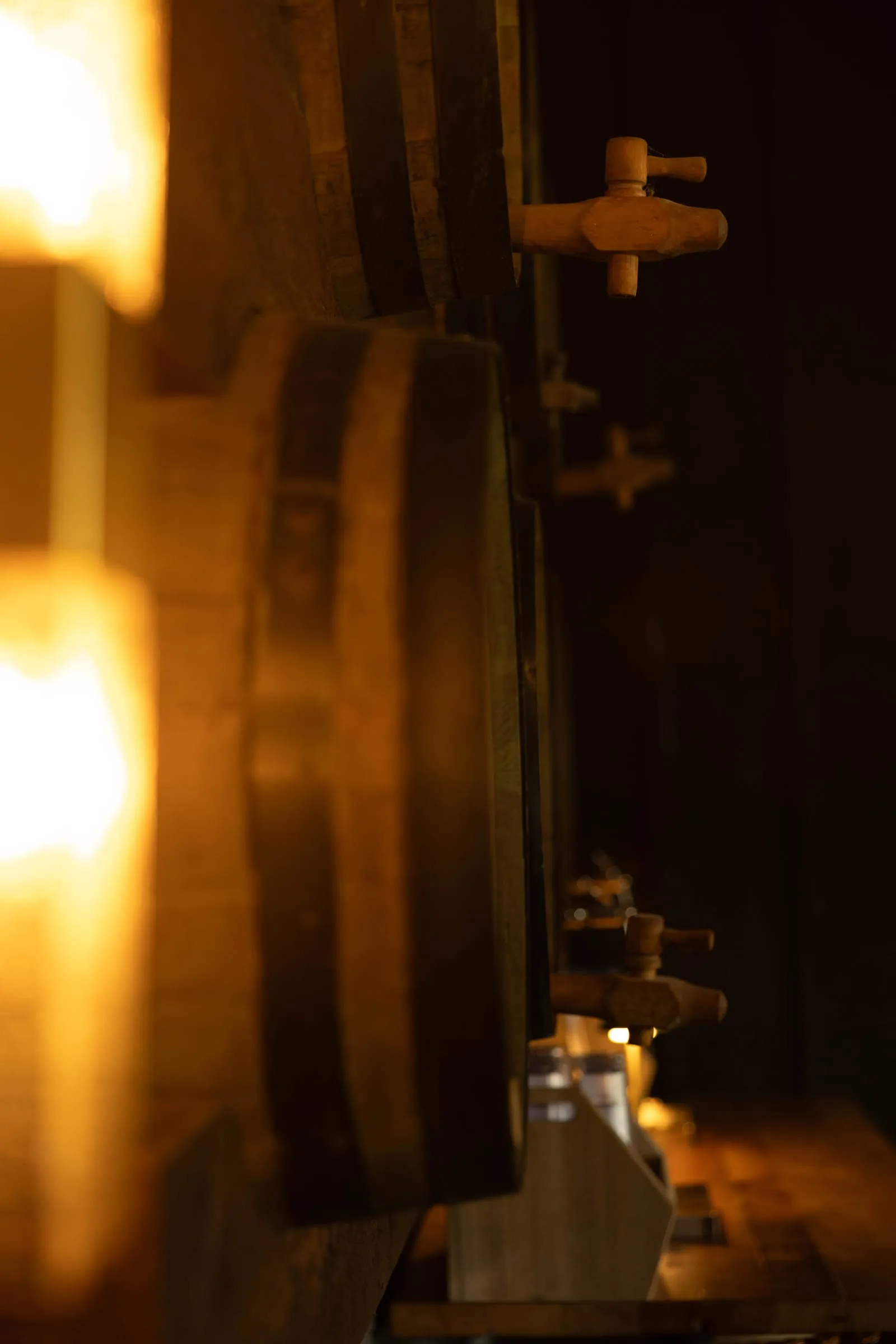Warm light on a wine barrel detail in The Great Room