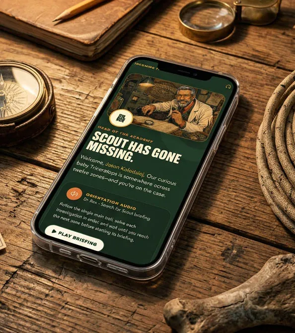 The Search for Scout audio adventure on a phone, showing Dr. Rex and the opening briefing