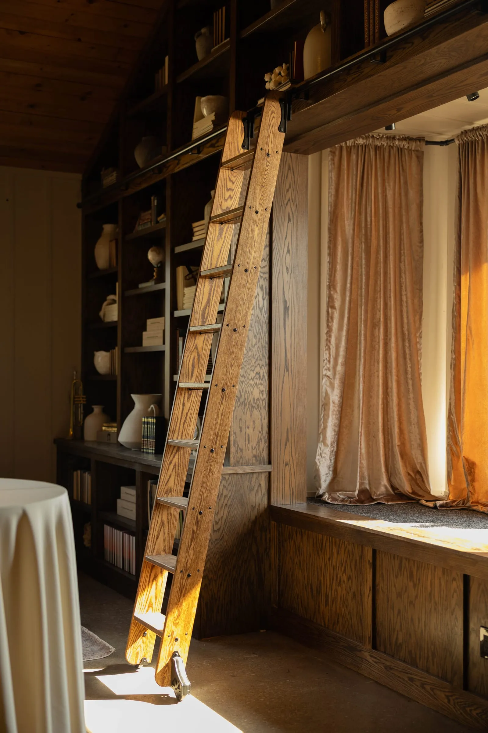 The Library ladder against built-in shelves beside a sunlit window